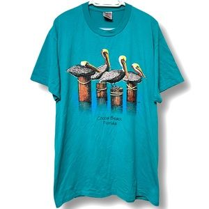 VINTAGE 90s FLORIDA COCOA BEACH PELICANS NATURE NAUTICAL BEACH OCEAN TEE MENS XL